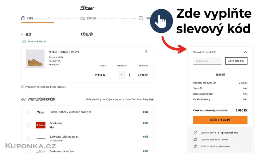 Kde zadat slevový kód na Sizeer
