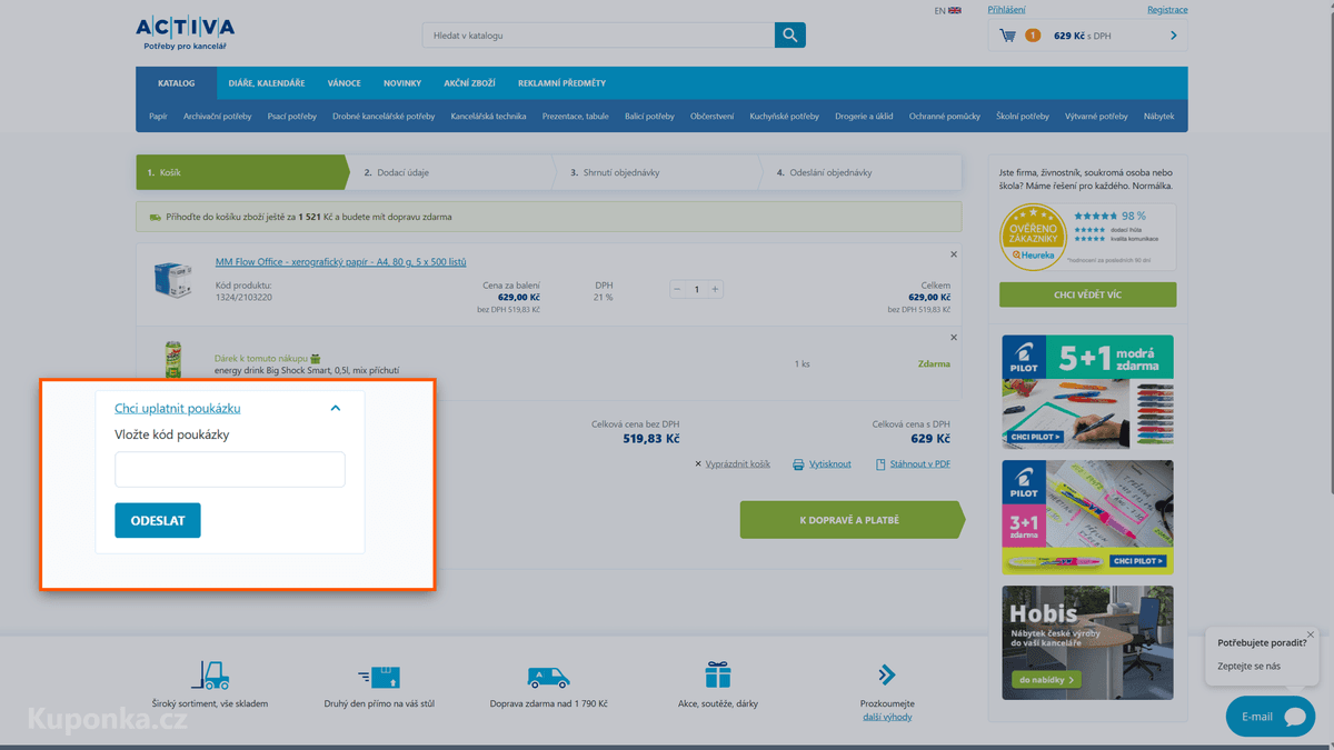 Kde zadat slevový kód na Activa
