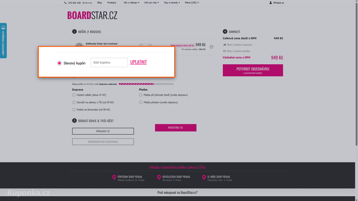 Kde zadat slevový kód na Boardstar