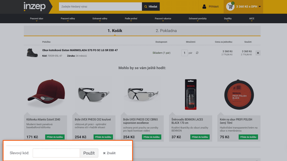 Kde zadat slevový kód na INZEP