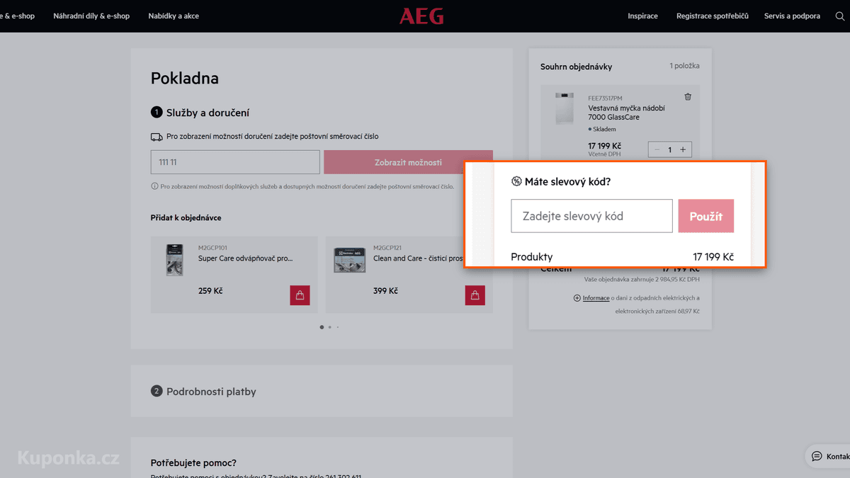 Kde zadat slevový kód na AEG