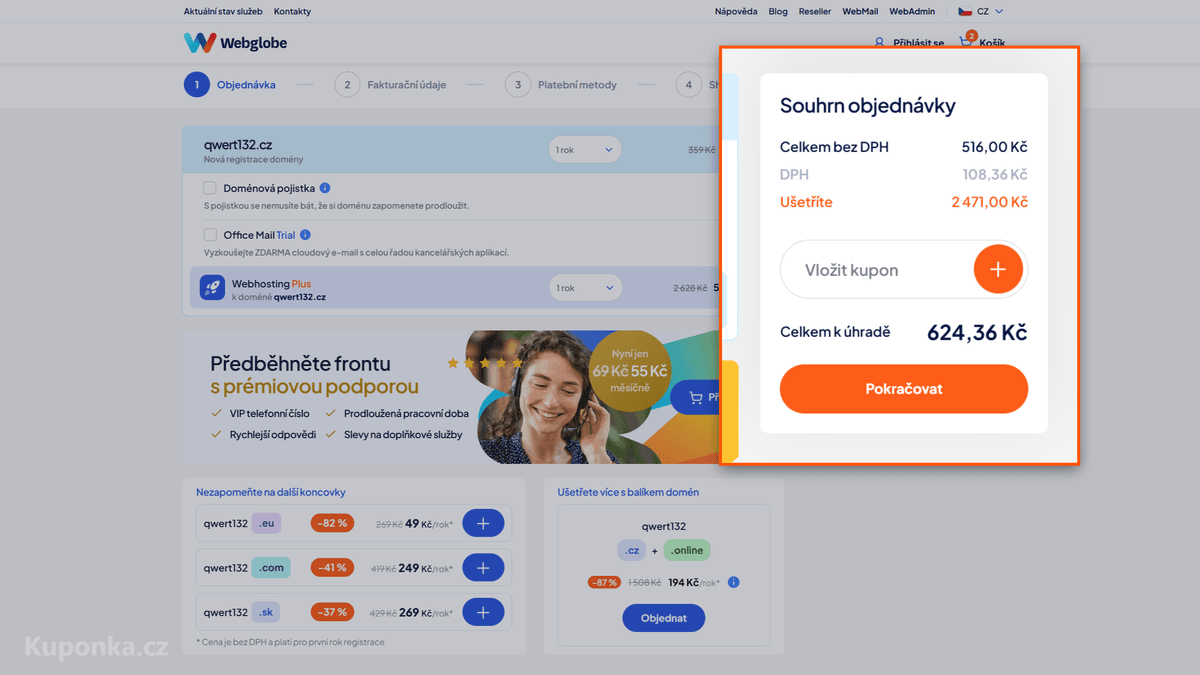 Kde zadat slevový kód na Webglobe