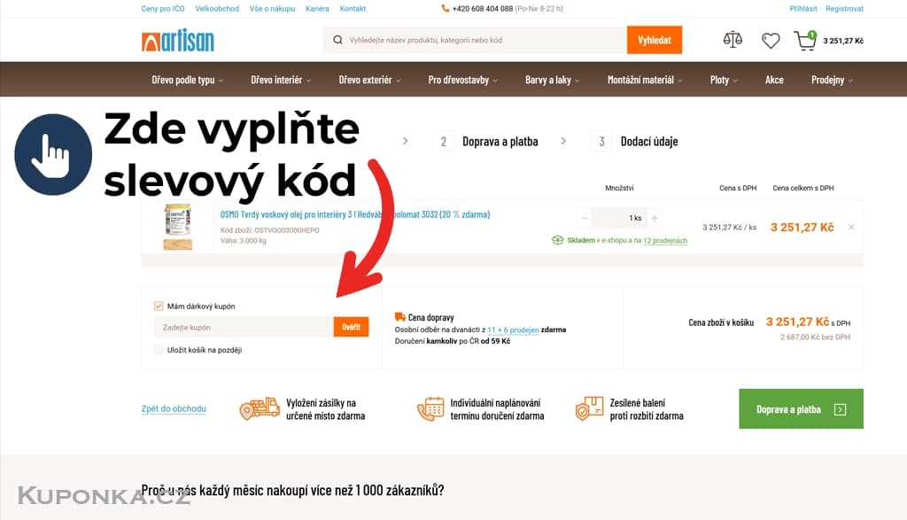Kde zadat slevový kód na Artisan