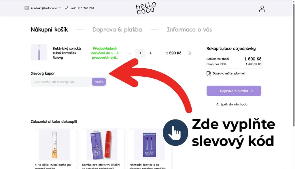Kde zadat slevový kód na Hello coco