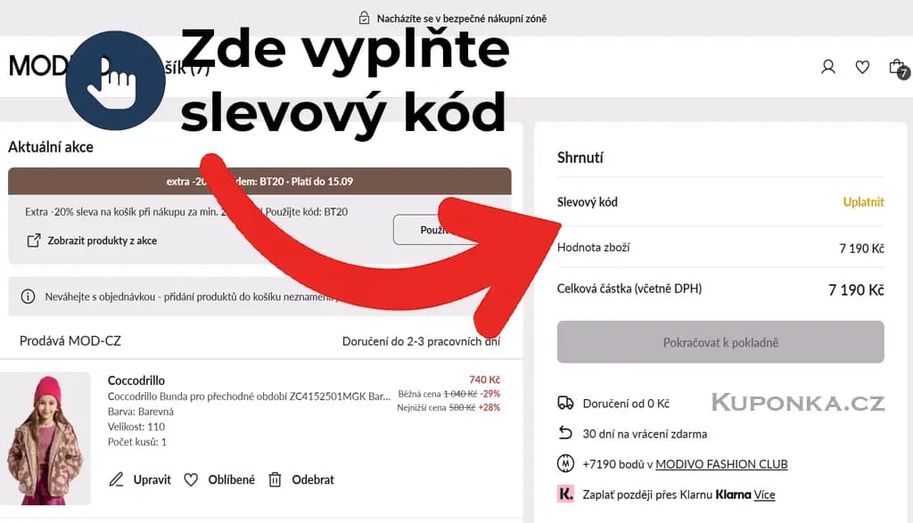 Kde zadat slevový kód na Modivo