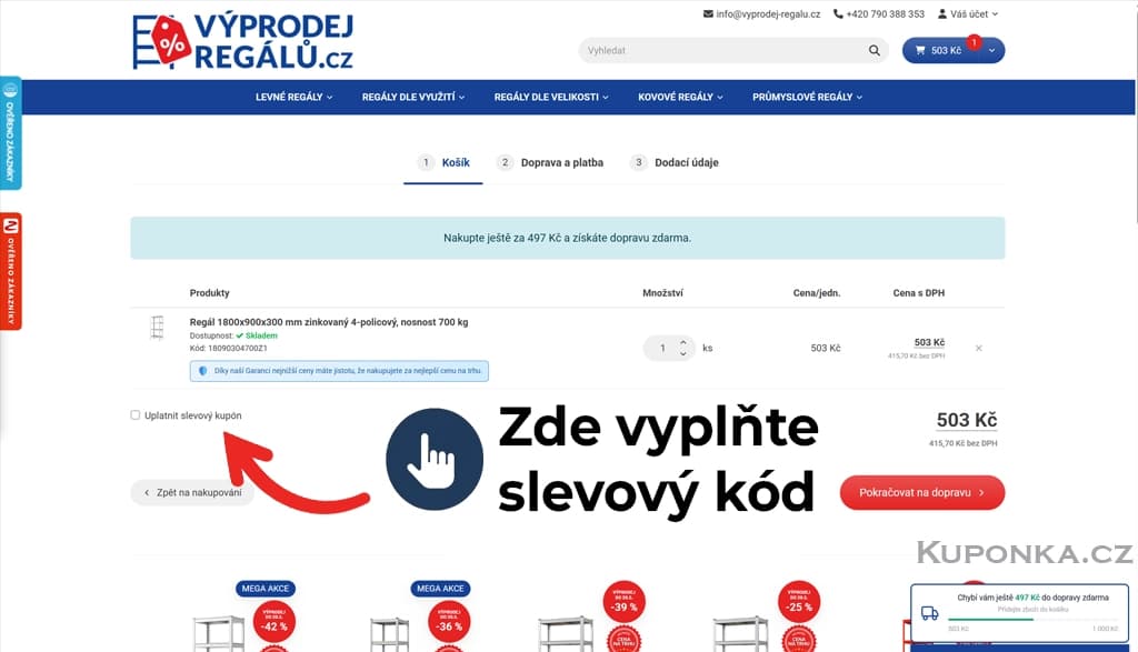 Kde zadat slevový kód na Výprodej regálů
