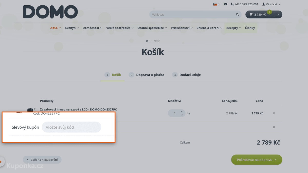 Kde zadat slevový kód na Domo