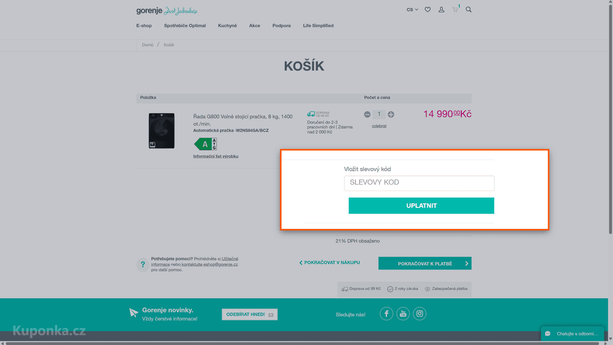 Kde zadat slevový kód na Gorenje