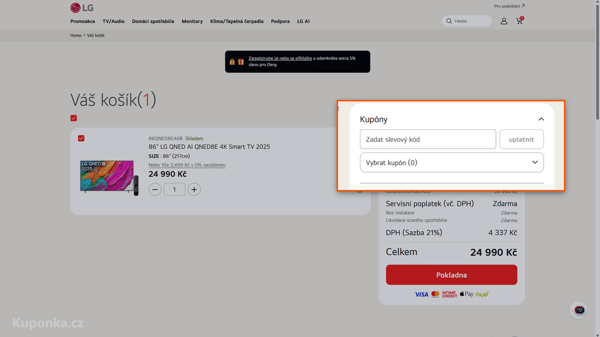 Kde zadat slevový kód na LG oficiální e-shop