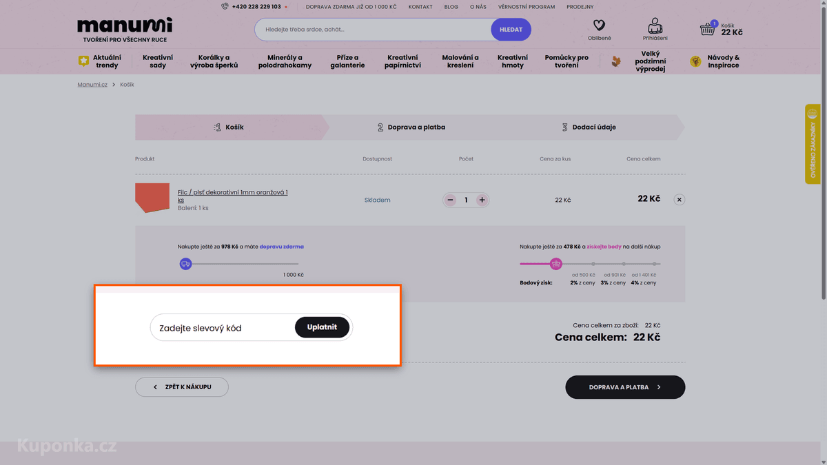Kde zadat slevový kód na MANUMI
