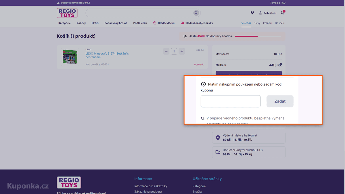 Kde zadat slevový kód na REGIO TOYS