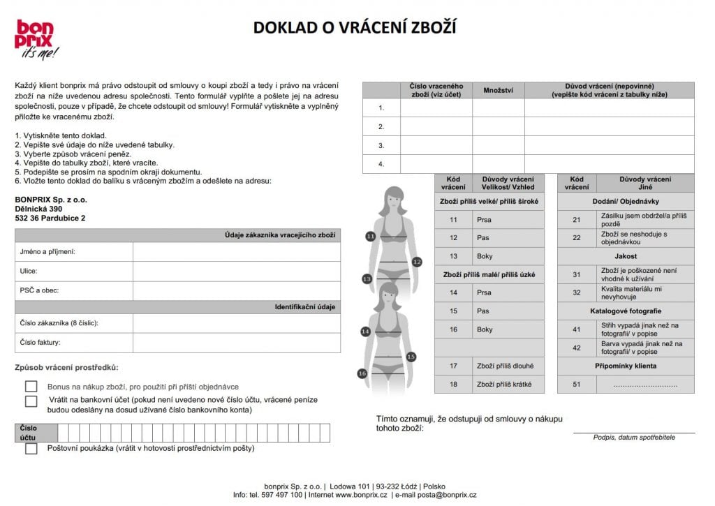 Bonprix formulář pro vrácení zboží